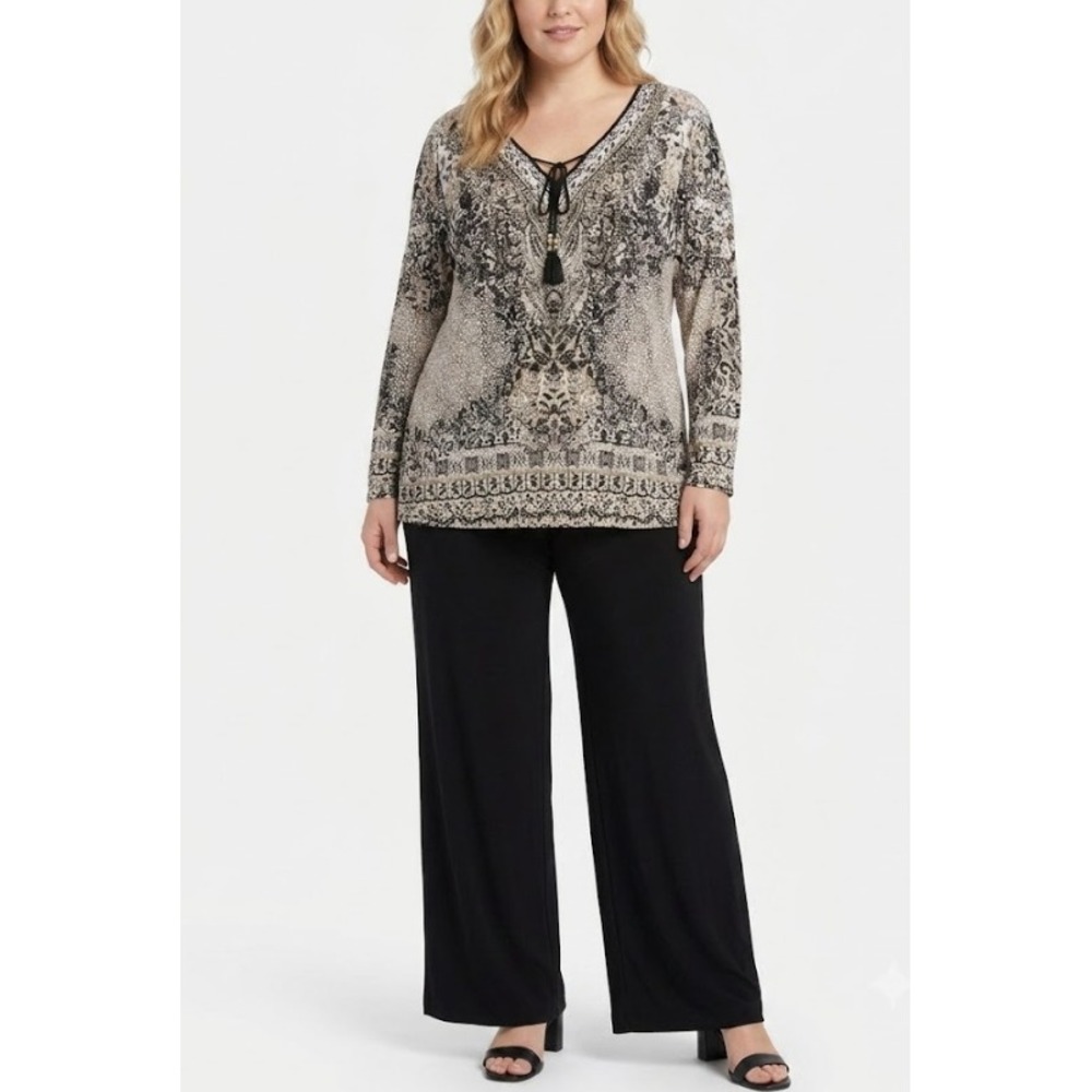 Belle by Kim Gravel Top XL Black Tan Boho Abstract Beaded V-Neck Stretch Knit